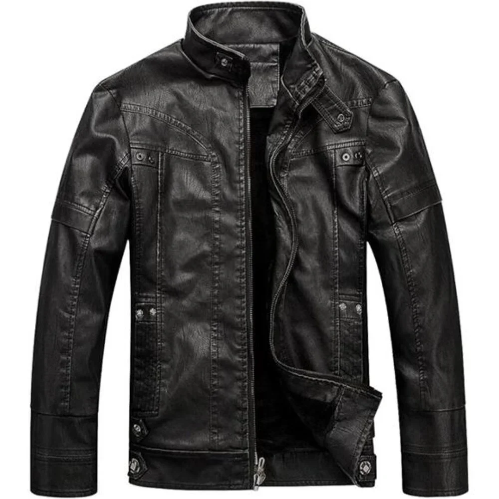 Men's Vintage Stand Collar Leather Jacket Motorcycle PU Jacket and Coat - Picture 12 of 12